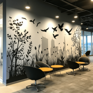 Décoration murale en vinyle noir et blanc représentant une scène de nature avec arbres et oiseaux en silhouette.