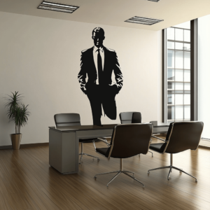 Sticker mural noir représentant la silhouette d’un homme en costume, installé dans un bureau minimaliste.