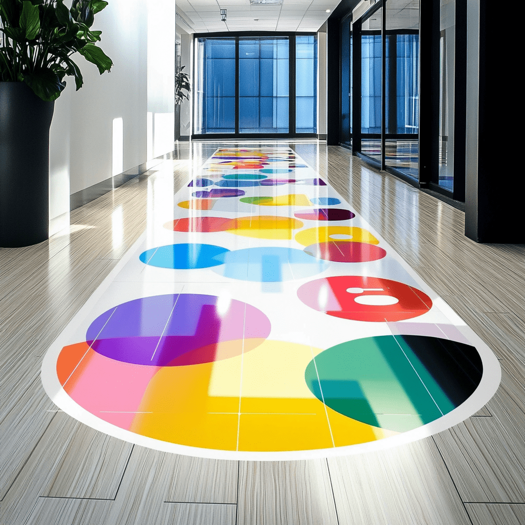 tickers sol multicolore avec formes géométriques dans un couloir lumineux.