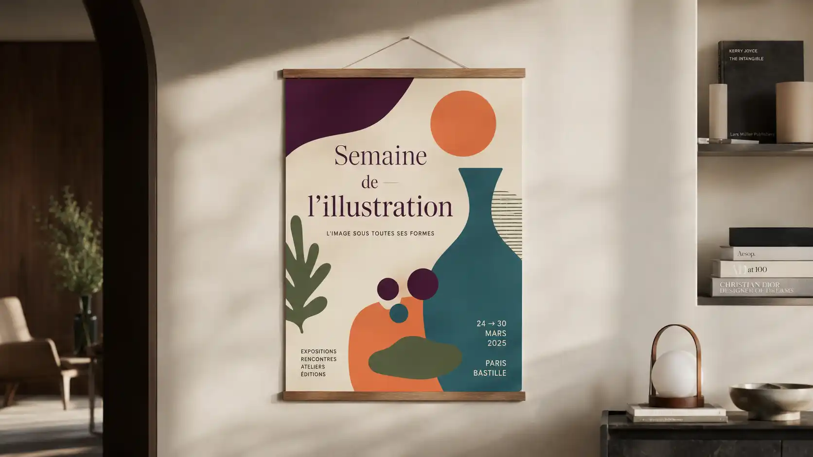 Affiche A3 encadrée avec baguettes en bois pour une exposition d'illustration