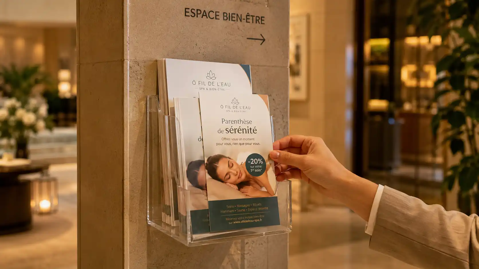 Flyer A6 en présentoir à l'accueil d'un spa hôtelier avec réduction -20%