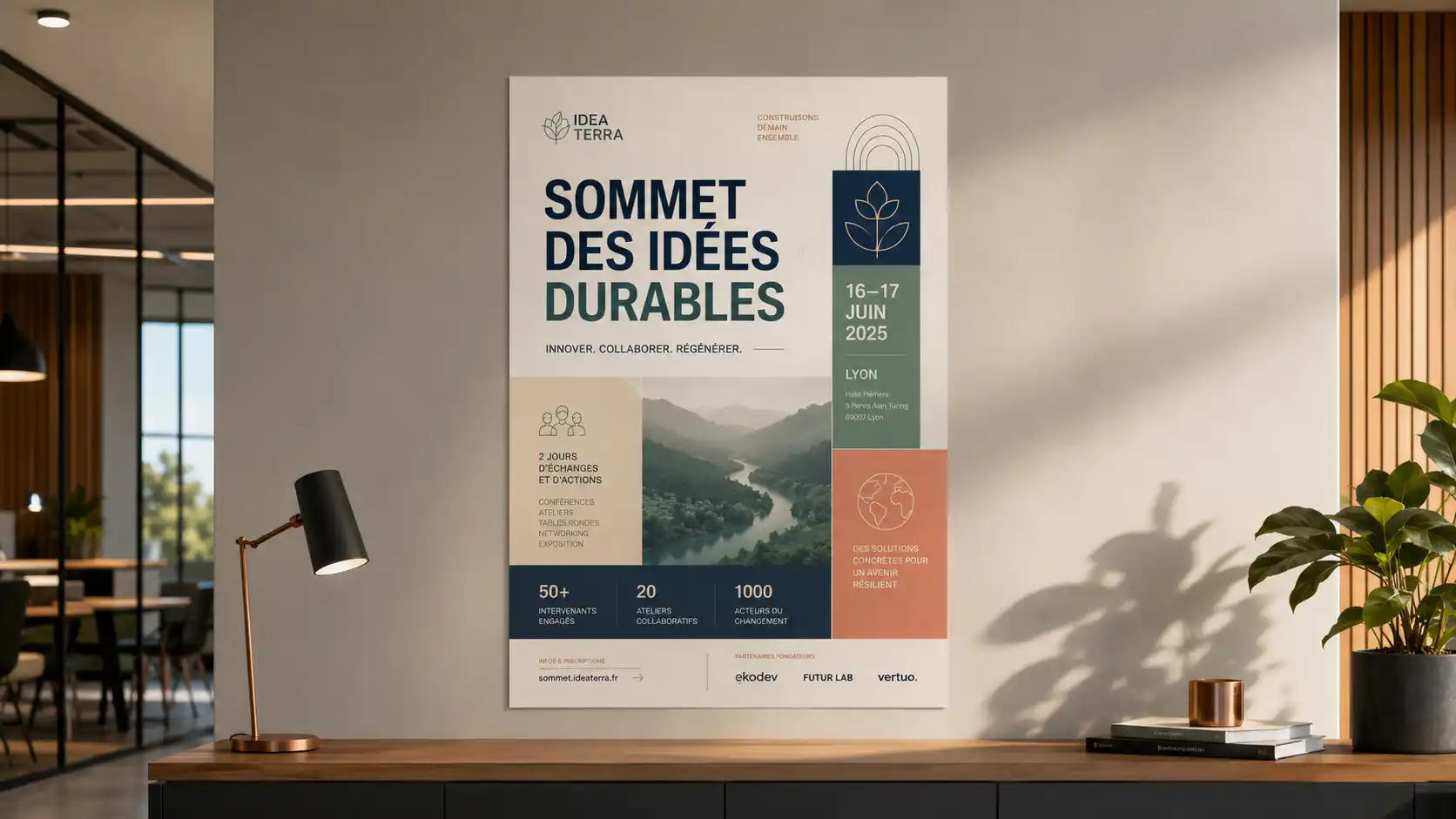 Affiche A3 posée sur meuble pour un sommet professionnel sur le développement durable
