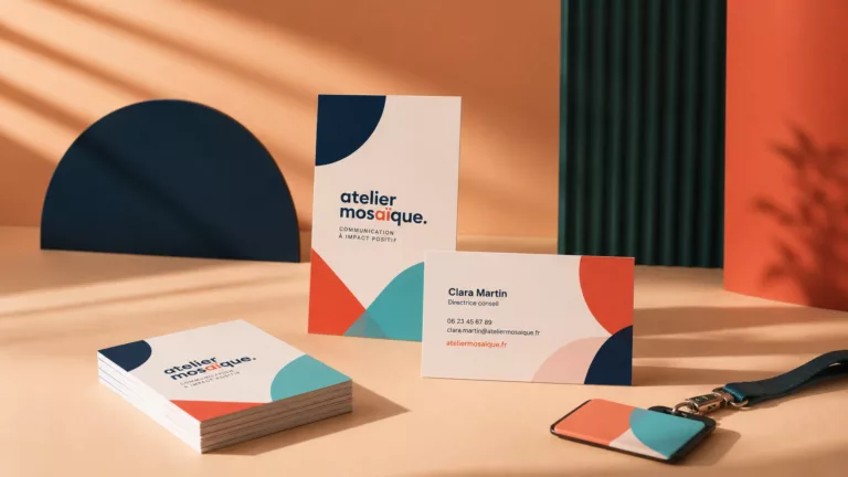 Carte de visite Atelier Mosaïque avec formes courbes bleu marine, orange et turquoise pour agence de communication