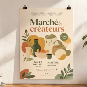 Affiche A3 suspendue par pinces pour l'événement Marché des créateurs