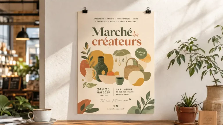 Affiche A3 suspendue par pinces pour l'événement Marché des créateurs