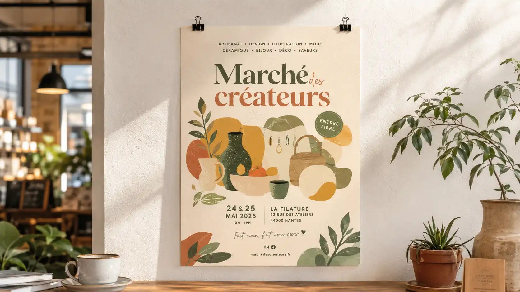 Affiche A3 suspendue par pinces pour l'événement Marché des créateurs