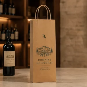 Sac kraft brun étroit pour bouteille de vin, impression 1 couleur avec illustration de domaine viticole
