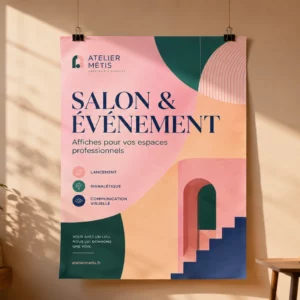Affiche A1 suspendue par pinces à un mur pour un salon professionnel